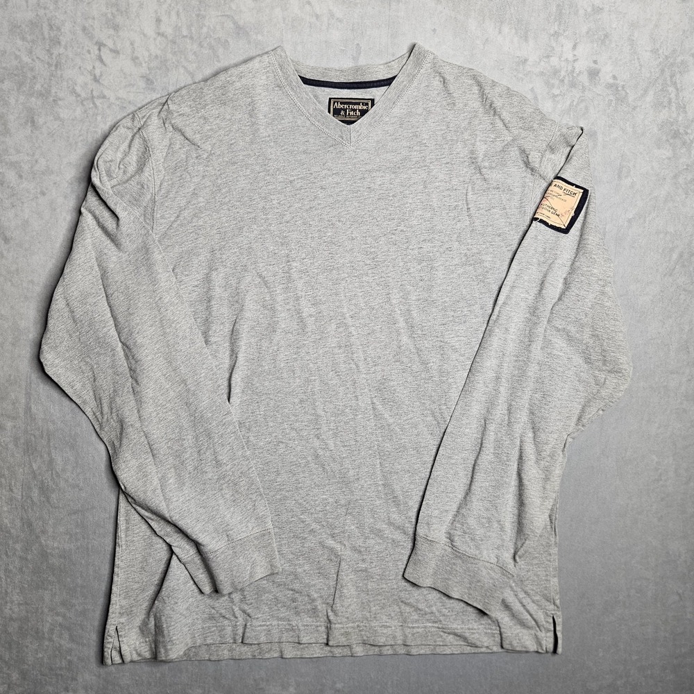 Vintage Abercrombie & Fitch Shirt Mens Large Gray V-Neck  Arm Patch Pullover Y2K